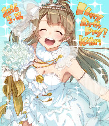 Rule 34 | 10s, 1girl, 2016, bare shoulders, blush, bouquet, bow, breasts, brown hair, character name, cleavage, dated, dress, closed eyes, flower, hair bow, happy birthday, long hair, love live!, love live! school idol festival, love live! school idol project, minami kotori, one side up, open mouth, shirabi, side ponytail, smile, solo, tiara, white dress