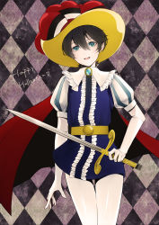 Rule 34 | 10s, 1boy, azi, azi (ususio6), belt, black hair, blue eyes, cape, cosplay, cowboy shot, earrings, elbow gloves, gloves, happy halloween, hat, horikawa kunihiro, jewelry, male focus, open mouth, pantyhose, personification, princess sapphire, princess sapphire (cosplay), puff and slash sleeves, puffy sleeves, ribbon no kishi, smile, solo, stud earrings, sword, touken ranbu, weapon, white gloves, white pantyhose