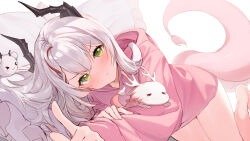 Rule 34 | 1girl, :t, bison cangshu, blush, braid, closed mouth, commentary request, grey hair, hair between eyes, hair intakes, highres, hood, hood down, hoodie, horns, long hair, looking at viewer, lying, multicolored hair, on side, original, pillow, pink hoodie, pout, red hair, simple background, solo, streaked hair, tail, white background