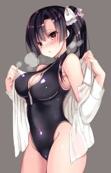 Rule 34 | 1girl, black hair, blush, breasts, brown eyes, cleavage, cleavage cutout, clothing cutout, front zipper swimsuit, highres, large breasts, looking at viewer, meme attire, one-piece swimsuit, open clothes, open mouth, original, sanshoku amido, short hair, side ponytail, solo, swimsuit, unzipped, zipper