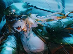 Rule 34 | 1girl, collared shirt, dress shirt, green hat, green jacket, hashtag-only commentary, hat, highres, ishmael (project moon), jacket, laenjen78201, limbus company, long hair, one eye covered, open clothes, open jacket, open mouth, orange hair, peaked cap, project moon, rain, shirt, signature, slit pupils, smoke, smoking pipe, solo, teeth, white shirt, wing collar, yellow eyes
