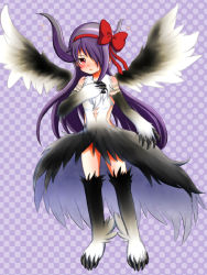 Rule 34 | 10s, 1girl, akemi homura, akuma homura, animal hands, bare shoulders, black hair, blush, bow, checkered background, dress, elbow gloves, feathered wings, gloves, hair bow, hair over one eye, kneehighs, long hair, looking at viewer, mahou shoujo madoka magica, mahou shoujo madoka magica: hangyaku no monogatari, paw gloves, paw shoes, pedo maji, red eyes, shoes, socks, solo, spoilers, thighhighs, wings, zettai ryouiki