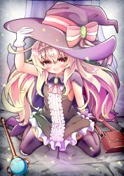 Rule 34 | 1girl, alma (41ma stella), arm up, bag, bandaid, bandaid on knee, bandaid on leg, black dress, blonde hair, blush, bow, cape, dress, female focus, gloves, hair between eyes, hairband, hand on headwear, hat, hat bow, highres, little witch nobeta, long hair, looking at viewer, nobeta, open mouth, purple cape, purple headwear, purple thighhighs, red eyes, shoulder bag, sitting, sleeveless, sleeveless dress, smile, solo, spread legs, staff, striped, striped bow, thighhighs, very long hair, wariza, white gloves, witch, witch hat