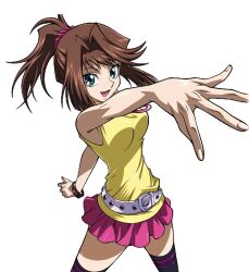 Rule 34 | 1girl, armpits, bare shoulders, belt, blue eyes, bracelet, breasts, brown hair, highres, jewelry, legs, mazaki anzu, medium breasts, miniskirt, official art, one eye closed, open mouth, ponytail, scrunchie, skirt, smile, tight clothes, yu-gi-oh!, yu-gi-oh! duel links, yu-gi-oh! the dark side of dimensions