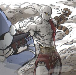 Rule 34 | 3boys, asphyxiation, bald, choke hold, colored skin, commentary, crossover, english commentary, facial hair, god of war, god of war ragnarok, hand on another&#039;s neck, hands on another&#039;s neck, highres, holding, jegssart, kratos (god of war), looking at viewer, male focus, mature male, mordecai (regular show), multiple boys, muscular, muscular male, neck grab, neck lift, pale skin, regular show, rigby, rolling eyes, strangling, teeth, topless male, yellow eyes