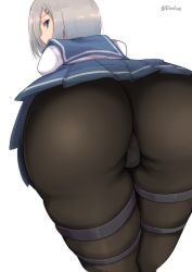 Rule 34 | 10s, 1girl, ass, ass focus, back, bent over, black pantyhose, blue eyes, blue skirt, crotch seam, erimiko, from behind, from below, grey hair, hair ornament, hairclip, hamakaze (kancolle), kantai collection, looking at viewer, miniskirt, panties, panties under pantyhose, pantyhose, pleated skirt, pov, profile, puffy sleeves, school uniform, serafuku, short hair, simple background, skirt, solo, thick thighs, thigh strap, thighs, twitter username, underwear, upskirt, white background