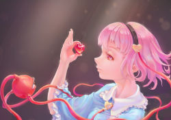 Rule 34 | 1girl, blue shirt, blurry, bokeh, depth of field, frilled shirt collar, frills, from side, glint, hairband, hand up, heart, highres, holding, komeiji satori, light smile, lips, looking at object, pink eyes, pink hair, profile, shirt, simple background, sleeves past elbows, solo, tareme, third eye, touhou, upper body, wide sleeves, xiaoice0209