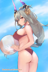 Rule 34 | 1girl, ass, ball, beachball, bikini, blue sky, blush, breasts, closed mouth, cloud, commentary, commentary request, day, draph, english commentary, facebook username, granblue fantasy, grey hair, highres, holding, holding ball, horns, large breasts, long hair, looking at viewer, red bikini, red eyes, senasky, sideboob, sky, solo, standing, swimsuit, threo (granblue fantasy)