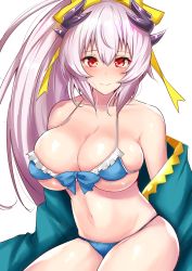 Rule 34 | 1girl, bare shoulders, bikini, blue bikini, blue bow, blush, bow, breasts, cleavage, collarbone, commentary request, fate/grand order, fate (series), frilled bikini, frills, green kimono, hair ribbon, highres, hip focus, horns, japanese clothes, kimono, kiyohime (fate), kiyohime (fate/grand order), kiyohime (swimsuit lancer) (fate), kiyohime (swimsuit lancer) (third ascension) (fate), large breasts, long hair, navel, off shoulder, ponytail, red eyes, ribbon, sankakusui, shiny skin, silver hair, simple background, skindentation, smile, solo, swimsuit, thighs, very long hair, white background, yellow ribbon