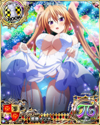 Rule 34 | 1girl, bare shoulders, blush, breasts, card (medium), character name, chess piece, dress, flower, high school dxd, high school dxd pi, large breasts, long hair, looking at viewer, official art, open mouth, orange hair, panties, purple eyes, rook (chess), shidou irina, solo, source request, standing, tiara, trading card, twintails, underwear, very long hair