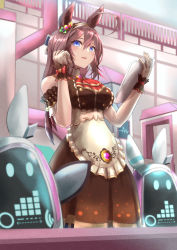 Rule 34 | 1girl, absurdres, ahoge, animal ears, ascot, black hairband, blue eyes, brooch, brown dress, brown hair, closed mouth, clothing cutout, commentary, dress, ear ornament, frilled sleeves, frills, gloves, hairband, highres, holding, holding tablet pc, horse ears, horse girl, indoors, jewelry, long hair, looking at viewer, medium dress, mihono bourbon (code:glassage) (umamusume), mihono bourbon (umamusume), official alternate costume, open mouth, rakasei5050, red ascot, robot, short sleeves, shoulder cutout, solo, standing, tablet pc, umamusume, valentine, white gloves