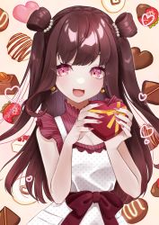 Rule 34 | 1girl, :3, :d, blush, box, breasts, brown hair, candy, chocolate, chocolate covered strawberry, chocolate heart, cleavage, cleavage cutout, clothing cutout, double bun, dress, earrings, food, frills, fruit, hair bun, hands up, heart, heart-shaped box, high collar, highres, holding, holding box, jewelry, kanzaki kamome, long hair, looking to the side, nail polish, open mouth, original, pearl hair ornament, pink eyes, pocket, polka dot, polka dot dress, ribbon, signature, sleeveless, sleeveless dress, smile, solo, strawberry, valentine, very long hair