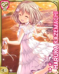 Rule 34 | 1girl, bare arms, beach, blush, bow, brown hair, rabbit hair ornament, card (medium), character name, copen mouth, day, dress, closed eyes, girlfriend (kari), hair ornament, hairclip, kazemachi haruka, looking at viewer, official art, outdoors, qp:flapper, red eyes, short hair, short sleeves, smile, solo, sundress, sunset, tagme, white bow, white dress