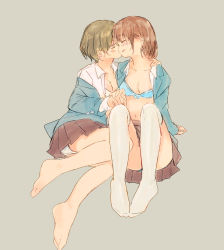 Rule 34 | 2girls, bad id, bad pixiv id, bare legs, barefoot, blush, bra, breasts, brown hair, kissing cheek, closed eyes, green hair, holding hands, kiss, multiple girls, off shoulder, open clothes, open shirt, original, panties, school uniform, shirt, short hair, sitting, small breasts, smile, syou (endemic species), thighhighs, underwear, yuri