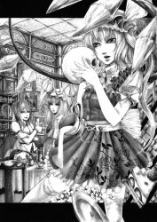 Rule 34 | 3girls, cup, flandre scarlet, floral print, greyscale, hane (azelye), letterboxed, monochrome, multiple girls, patchouli knowledge, plate, skull, teacup, thighhighs, touhou, wings, zettai ryouiki