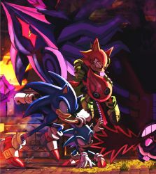 Rule 34 | 5boys, avatar (sonic forces), boots, dr. eggman, dual persona, evil grin, evil smile, furry, furry male, glasses, gloves, green eyes, grin, highres, holding, holding weapon, infinite (sonic), kornart, mask, multiple boys, phantom ruby, running, serious, shoes, smile, sonic (series), sonic forces, sonic the hedgehog, upside-down, weapon, white gloves