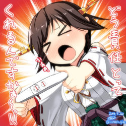 Rule 34 | &gt; &lt;, 10s, 1girl, bare shoulders, blush, brown hair, commentary request, detached sleeves, eyebrows, closed eyes, gin&#039;ichi (akacia), hair ornament, hairband, headgear, hiei (kancolle), japanese clothes, kantai collection, long sleeves, nontraditional miko, open mouth, pregnancy test, pregnant, short hair, solo, translation request