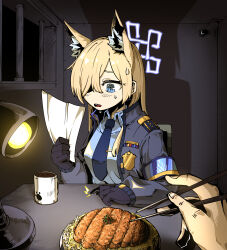 Rule 34 | 1girl, 1other, absurdres, animal ear fluff, animal ears, armband, black gloves, blonde hair, blue archive, blue eyes, blue necktie, blue shirt, breasts, chair, chopsticks, cup, food, geonbanmaen, gloves, hair over one eye, halo, highres, holding, holding paper, indoors, jacket, kanna (blue archive), lamp, long hair, long sleeves, medium breasts, mug, necktie, open clothes, open jacket, paper, police badge, pov, shadow, sharp teeth, shirt, sitting, sweat, table, teeth