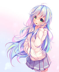 Rule 34 | 1girl, :d, ahoge, artist name, blue hair, blue skirt, blush, borrowed character, commission, cowboy shot, drawstring, gradient background, gradient hair, green eyes, hand in pocket, hand up, hood, hood down, hoodie, hyanna-natsu, long hair, long sleeves, looking at viewer, multicolored hair, open mouth, original, pink hair, pleated skirt, skirt, smile, solo, standing, thighhighs, white thighhighs, zettai ryouiki, zipper