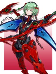 Rule 34 | 1girl, android, chest jewel, fgsketch, gem, green eyes, green hair, highres, ino (xenoblade), joints, mechanical arms, mechanical legs, red background, robot joints, smile, solo, xenoblade chronicles (series), xenoblade chronicles 3