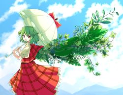 Rule 34 | 1girl, bane tukumo, blue sky, bow, cloud, commentary request, day, feet out of frame, from side, green hair, green wings, highres, holding, holding umbrella, kazami yuuka, leaf, looking at viewer, looking back, medium hair, open mouth, outdoors, parasol, plaid, plaid skirt, plaid vest, plant, plant wings, red bow, red eyes, red skirt, red vest, shirt, short hair, short sleeves, skirt, skirt set, sky, smile, solo, standing, touhou, umbrella, umbrella bow, vest, wavy hair, white shirt, white umbrella, wings