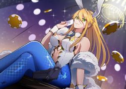 Rule 34 | 1girl, animal ears, artoria pendragon (all), artoria pendragon (fate), artoria pendragon (swimsuit ruler) (fate), bare shoulders, blonde hair, blue necktie, blue pantyhose, breasts, card, chandelier, clothing cutout, coin, crossed legs, detached collar, edenciart, fake animal ears, fate/grand order, fate (series), feather boa, fishnet pantyhose, fishnets, from below, green eyes, hair between eyes, high ponytail, holding, holding card, holster, large breasts, leotard, long hair, looking ahead, navel cutout, necktie, pantyhose, playboy bunny, playing card, rabbit ears, short necktie, sidelocks, sitting, sitting on table, solo, thigh holster, white leotard, wrist cuffs