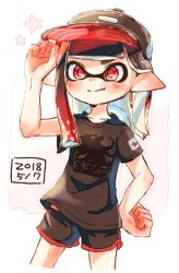 Rule 34 | 1girl, adjusting clothes, adjusting headwear, bad id, bad twitter id, baseball cap, black hair, black hat, black shirt, black shorts, blunt bangs, blunt ends, closed mouth, commentary, cowboy shot, dated, dolphin shorts, gradient hair, gym shorts, hand on own hip, harutarou (orion 3boshi), hat, highres, inkling, inkling girl, inkling player character, logo, looking at viewer, medium hair, multicolored hair, nintendo, pointy ears, print shirt, red eyes, red hair, shirt, short shorts, shorts, smile, solo, splatoon (series), splatoon 2, standing, star (symbol), t-shirt, tentacle hair