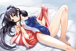 Rule 34 | 1girl, bare shoulders, barefoot, black hair, blush, breasts, brown eyes, collarbone, competition swimsuit, covered navel, feet out of frame, groin, highleg, highleg swimsuit, leg lift, long hair, looking at viewer, lying, matsuryuu, medium breasts, on back, on floor, one-piece swimsuit, original, parted lips, ponytail, smile, solo, spread legs, swimsuit, toes, towel, very long hair
