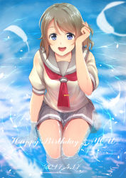 Rule 34 | 10s, 1girl, blue eyes, blush, feathers, grey hair, tucking hair, happy birthday, highres, love live!, love live! sunshine!!, open mouth, partially submerged, ricar, school uniform, serafuku, short hair, smile, solo, watanabe you, wet, wet clothes, white feathers