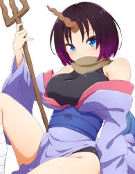 Rule 34 | 1girl, absurdres, alternate hairstyle, black leotard, blue eyes, breasts, covered mouth, dragon girl, dragon horns, elma (maidragon), highleg, highleg leotard, highres, holding, holding trident, horns, japanese clothes, kimono, knee up, kobayashi-san chi no maidragon, large breasts, leotard, leotard under clothes, long hair, looking at viewer, off shoulder, polearm, purple kimono, sash, scarf, sideboob, simple background, single horn, smile, solo, staff, standing, straight hair, trident, weapon, white background, yaaben