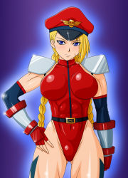 Rule 34 | 1girl, abs, alternate costume, belt, blonde hair, blue eyes, braid, breasts, cammy white, capcom, cosplay, elbow gloves, female focus, fingerless gloves, gloves, hat, highres, impossible clothes, impossible swimsuit, large breasts, leotard, long hair, looking at viewer, m. bison, m bison (cosplay), makani kohitujito, muscular, scar, serious, shiny clothes, shoulder pads, simple background, skin tight, solo, street fighter, street fighter iv (series), swimsuit, twin braids