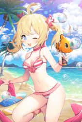 Rule 34 | 1girl, ;d, antenna hair, bare shoulders, beach, bikini, blonde hair, blue eyes, blue sky, blush, breasts, bubble, cleavage, cloud, commentary request, day, hair ornament, hair ribbon, highres, holding, horizon, kuang (kzhw7588), leg ribbon, long hair, medium breasts, navel, ocean, one eye closed, open mouth, original, outdoors, palm tree, red footwear, red ribbon, ribbon, round teeth, sand, shoes, sky, smile, solo, sparkle, standing, standing on one leg, star (symbol), star hair ornament, striped bikini, striped clothes, summer, sunlight, swimsuit, teeth, tree, twintails, upper teeth only, water, wristband