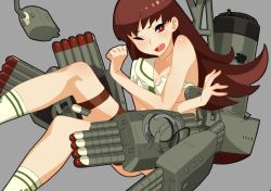Rule 34 | 10s, 1girl, 92m, blush, brown hair, grey background, kantai collection, long hair, machinery, one eye closed, ooi (kancolle), open mouth, red eyes, solo, thigh strap, torn clothes