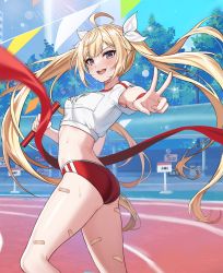 Rule 34 | 1girl, :d, ahoge, armpit peek, ass, bandaid, bandaid on leg, blonde hair, blue eyes, breasts, buruma, controlline3, counter:side, crop top, day, floating hair, gym uniform, hair ribbon, highres, long hair, looking at viewer, midriff, naielle bluesteel, open mouth, outdoors, outstretched arm, red buruma, ribbon, shirt, short sleeves, sidelocks, small breasts, smile, solo, sweat, sweatband, thighs, track and field, twintails, v, very long hair, white shirt