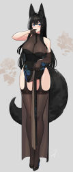 Rule 34 | 1girl, animal ear fluff, animal ears, asymmetrical gloves, black footwear, black hair, blue eyes, blush, breasts, brown thighhighs, china dress, chinese clothes, cleavage, clothes lift, commentary request, covered navel, dress, dress lift, elbow gloves, fox ears, fox girl, fox tail, garter straps, gloves, hayabusa, high heels, highres, large breasts, long hair, mismatched gloves, mole, mole under eye, original, see-through, see-through dress, simple background, tail, thighhighs