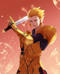 Rule 34 | 1boy, blonde hair, earrings, fate/stay night, fate (series), gate of babylon (fate), gilgamesh (fate), hair slicked back, jewelry, male focus, manly, red eyes, solo, sword, weapon, yepnean