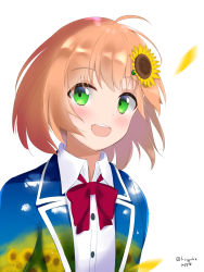 Rule 34 | 1girl, :d, blush, bow, brown hair, collared shirt, commentary request, dress shirt, flower, green eyes, hair flower, hair ornament, hairclip, highres, honma himawari, jacket, kogyokuapple, looking at viewer, nijisanji, open clothes, open jacket, open mouth, red bow, shirt, simple background, smile, solo, sunflower, sunflower hair ornament, teeth, twitter username, upper body, upper teeth only, virtual youtuber, white background, white shirt, yellow flower