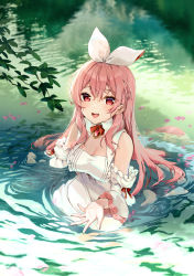 Rule 34 | 1girl, :d, artist name, atelier live, bow, breasts, cleavage, collarbone, commentary request, detached sleeves, dress, frilled sleeves, frills, hair behind ear, hair between eyes, hair ribbon, highres, juliet sleeves, long hair, long sleeves, looking at viewer, medium breasts, open mouth, petals, petals on liquid, pink hair, pinku (vtuber), puffy sleeves, red bow, red eyes, ribbon, ripples, rosuuri, sleeveless, sleeveless dress, smile, solo, teeth, upper teeth only, very long hair, virtual youtuber, water, white dress, white ribbon, white sleeves