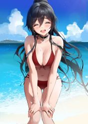 Rule 34 | 1girl, :d, ameyame, bare arms, bare shoulders, beach, bikini, black choker, black hair, breasts, choker, cleavage, day, closed eyes, facing viewer, front-tie bikini top, front-tie top, hands on own thighs, highres, idolmaster, idolmaster shiny colors, jewelry, large breasts, leaning forward, long hair, looking at viewer, multi-strapped bikini, navel, necklace, ocean, open mouth, outdoors, ponytail, red bikini, shirase sakuya, side-tie bikini bottom, smile, solo, stomach, string bikini, swimsuit, thighs, very long hair, water, wet