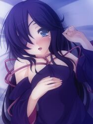 Rule 34 | 1girl, bare shoulders, blue eyes, blush, choker, commentary request, detached sleeves, dress, eyepatch, hair flaps, hand on own chest, hand rest, lying, o-ring, on back, on bed, one eye covered, onsen tamago (nurumayu onsen), open mouth, purple dress, purple hair, shokudaikiri mitsutada (tenka hyakken), solo, tearing up, tenka hyakken, upper body, wide sleeves