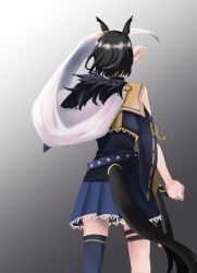 Rule 34 | 1girl, air groove (umamusume), animal ears, arm at side, black hair, blue skirt, choker, clenched hand, clothing cutout, feet out of frame, from behind, gradient background, hand up, horse ears, horse girl, horse tail, korean commentary, short hair, shoulder cutout, side cape, single thighhigh, skirt, solo, standing, tail, tail through clothes, taisaaa, thigh strap, thighhighs, umamusume, wide sleeves
