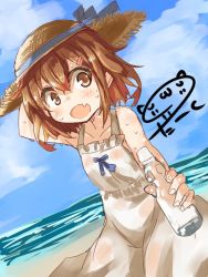 Rule 34 | 10s, 1girl, alternate costume, artist name, bare shoulders, beach, brown eyes, brown hair, commentary request, darkside, day, dress, fang, hair ornament, hairclip, hand on headwear, hat, ikazuchi (kancolle), kantai collection, looking at viewer, open mouth, ramune, short hair, sky, solo, straw hat, sundress, sweat
