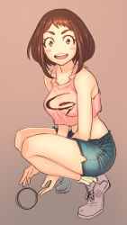 Rule 34 | 1girl, arms between legs, ball, bare shoulders, blue shorts, blush stickers, bob cut, boku no hero academia, brown background, brown hair, commentary request, crop top, crop top overhang, excited, furrowed brow, highres, open mouth, pink shirt, rimviolet, sanpaku, shirt, shoes, short hair, short shorts, shorts, simple background, smile, sneakers, socks, solo, squatting, tank top, thick eyebrows, uraraka ochako, white socks