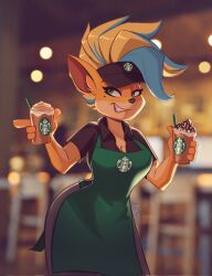 Rule 34 | 1girl, apron, artist name, black pants, black shirt, blonde hair, blue hair, blurry, blurry background, coffee, crash bandicoot (series), cup, depth of field, furry, furry female, green apron, green eyes, highres, holding, holding cup, iced coffee, indoors, magaska, multicolored hair, official alternate hairstyle, pants, shirt, short sleeves, solo, starbucks, tawna bandicoot (it&#039;s about time), two-tone hair, watermark