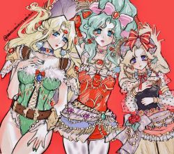 Rule 34 | 3girls, animal print, arms up, belt, beret, blonde hair, blue eyes, bow, breasts, brown belt, celes chere, choker, circlet, collarbone, cross-laced clothes, earrings, eyelashes, eyeshadow, final fantasy, final fantasy vi, fingernails, flower, frilled choker, frills, fur-trimmed leotard, fur trim, gem, green leotard, green nails, hair bow, hair intakes, hand on own chest, hand on own thigh, hat, hat bow, heart, heart choker, highres, jewelry, juliet sleeves, leaf, leotard, light green hair, long hair, long sleeves, makeup, medium breasts, multiple girls, nail polish, pantyhose, parted lips, pink bow, pink lips, polka dot, polka dot sleeves, poririna, puffy sleeves, purple choker, purple eyes, purple headwear, red background, red eyeshadow, red flower, red ribbon, red rose, relm arrowny, ribbon, rose, see-through, see-through sleeves, short hair, simple background, striped, striped bow, thigh gap, thighs, tiger print, tina branford, twitter username, yellow choker