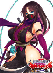 Rule 34 | 1girl, bad id, bad pixiv id, bare shoulders, blue eyes, breasts, brown hair, chain, company name, copyright name, detached sleeves, fishnet top, fishnets, gloves, hatsumeno tsubone (sengoku bushouki muramasa), huge breasts, inayama, long hair, mask, mouth mask, multicolored hair, ninja, official art, pink hair, scarf, scythe, sengoku bushouki muramasa, sideboob, simple background, solo, thighs, very long hair, white background