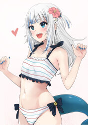 Rule 34 | 1girl, bare arms, bare legs, bare shoulders, bikini, black bow, black bowtie, blue eyes, blue hair, blue nails, blue tail, bow, bowtie, breasts, claw pose, fins, fish tail, flower, gawr gura, grey hair, h2o (ddks2923), hair flower, hair ornament, heart, highres, hololive, hololive english, long hair, multicolored hair, nail polish, navel, open mouth, petite, red flower, shark girl, shark tail, sharp teeth, simple background, small breasts, smile, solo, stomach, streaked hair, striped bikini, striped clothes, swimsuit, tail, teeth, virtual youtuber, white background