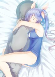 Rule 34 | 10s, 1girl, blue hair, breasts, closed eyes, hair ornament, hair ribbon, hug, i-19 (kancolle), kantai collection, long hair, lying, medium breasts, hugging object, on side, one-piece swimsuit, personification, pillow, pillow hug, ribbon, school swimsuit, sleeping, solo, swimsuit, touboku, twintails
