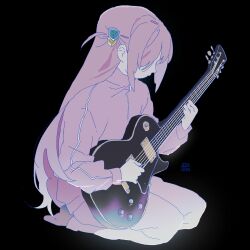 Rule 34 | 1girl, black background, bocchi the rock!, gotoh hitori, guitar, hair tie, highres, instrument, kneeling, pants, pink pants, pink track suit, ritoon 0, simple background