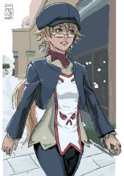 Rule 34 | 00s, 1girl, 2006, adapted costume, blonde hair, blue hat, city, dated, glasses, green eyes, hat, ikeda (cpt), jacket, long hair, long sleeves, my-otome, oekaki, outdoors, parted lips, ponytail, road, sara gallagher, smile, solo, street, tabard, very long hair, walking